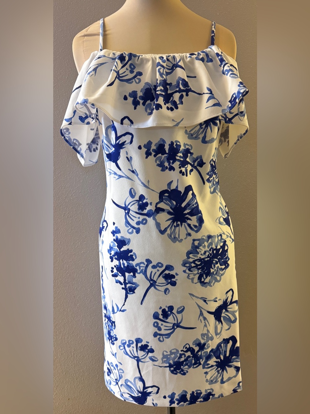 Lauren Ralph Lauren Blue White Floral Off Shoulder Lined Ruffle Dress Size 10